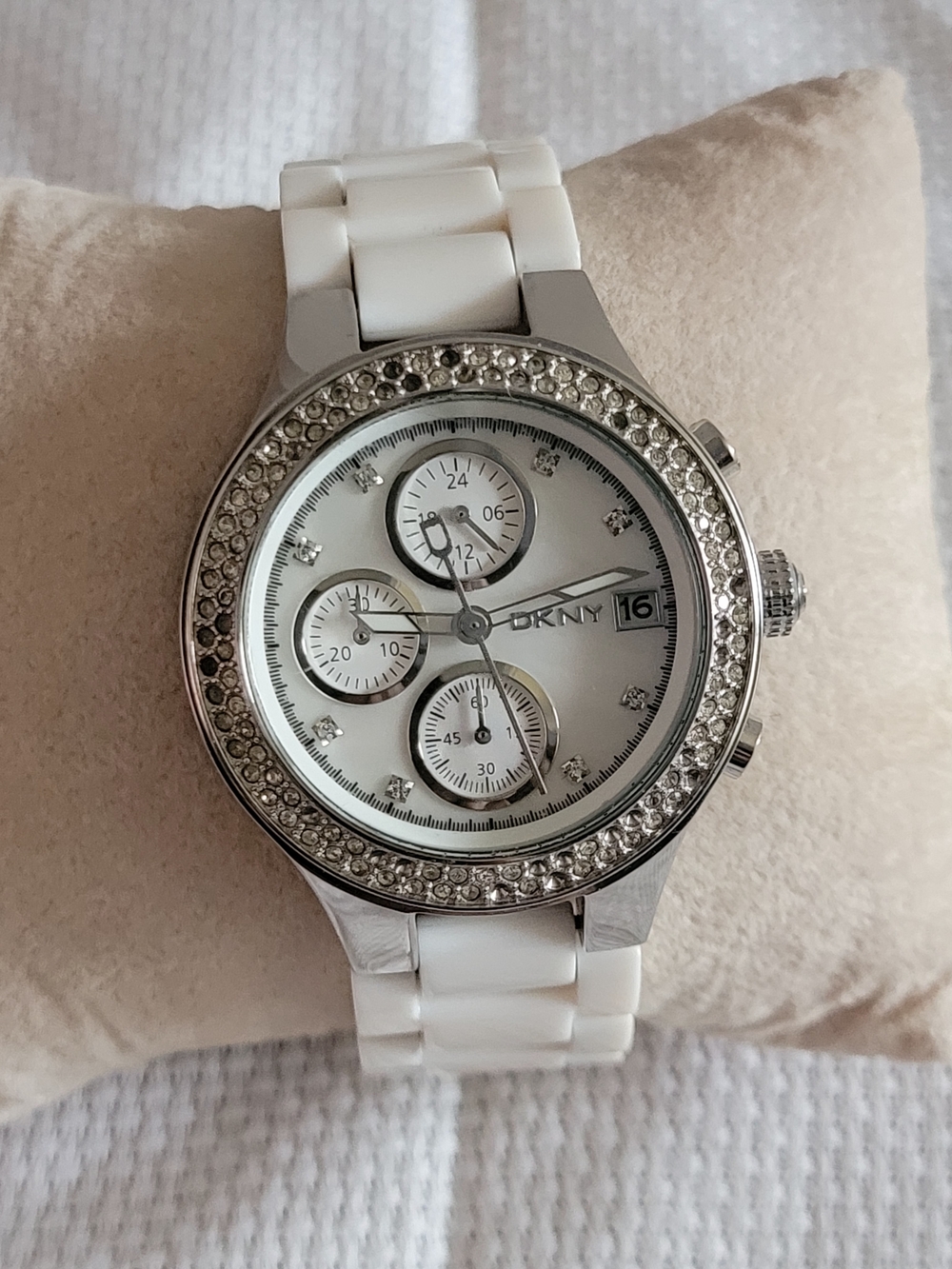 DKNY Women's White Crystal-Accent Bracelet Watch